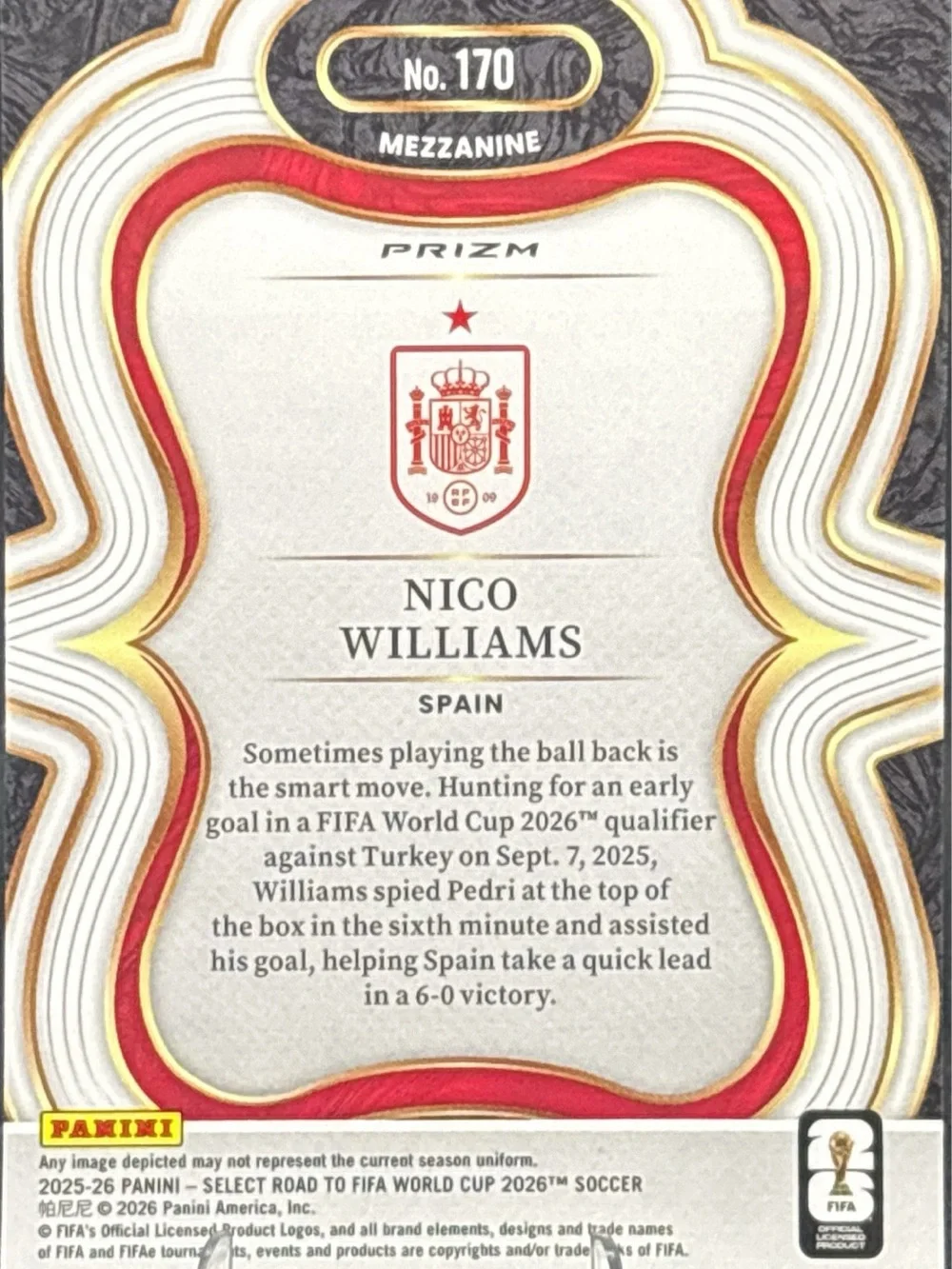 Panini Select Holographic Nico Williams Spain Trading Card - Pink Parallel Prizm